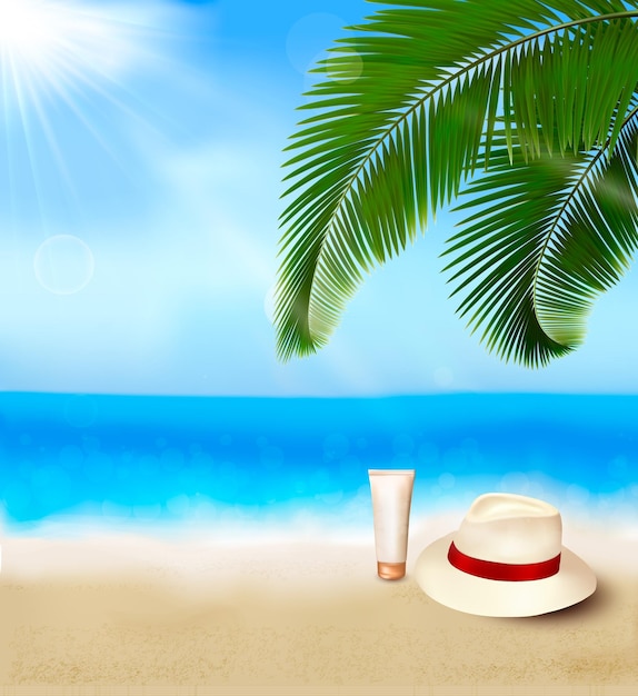 Une scène de plage avec un chapeau et un palmier sur le sable.