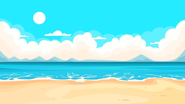 Scène de plage de dessin animé avec océan bleu sable jaune et nuages