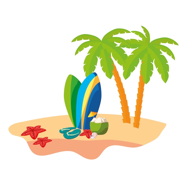 scène de plage d&#39;été avec palmiers et planches de surf