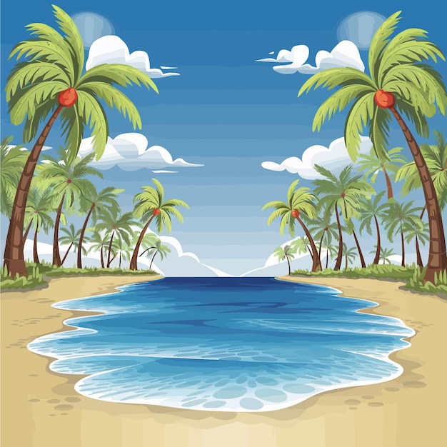Une scène de plage avec une illustration de palmiers