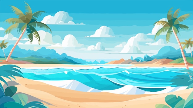 une scène de plage avec un palmier et l'océan en arrière-plan