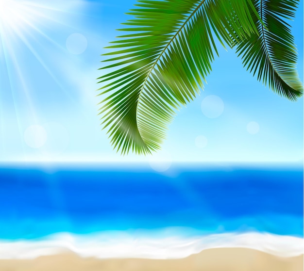 Une scène de plage avec un palmier et le soleil qui brille dessus.