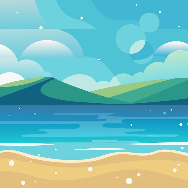 une scène de plage avec une plage et des montagnes en arrière-plan
