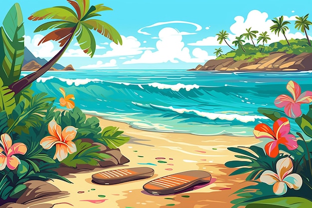 Vecteur scène de plage tropicale avec des tongs et des nageoires vecteur libre