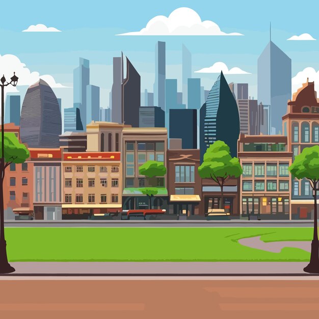Vecteur scène plate d'un beau paysage urbain avec un magasin de construction de hauteur et une rue avec une illustration de parc