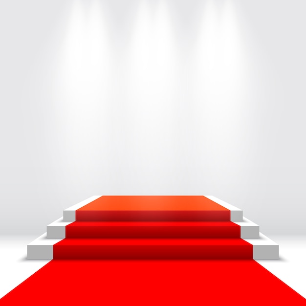 Scène pour la cérémonie de remise des prix. Podium blanc avec tapis rouge. Piédestal. illustration.