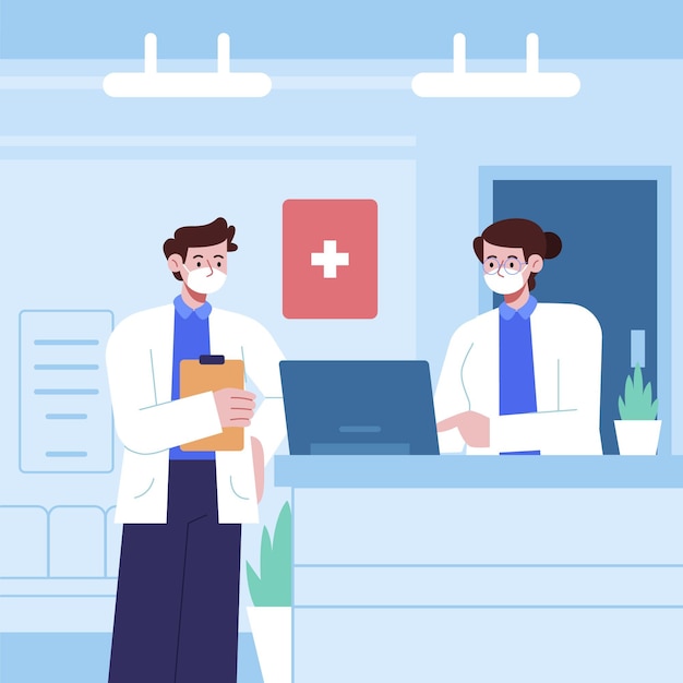 Scène de réception à l'hôpital dessiné à la main