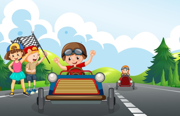 Scène De Route Avec Voiture De Course Pour Enfants