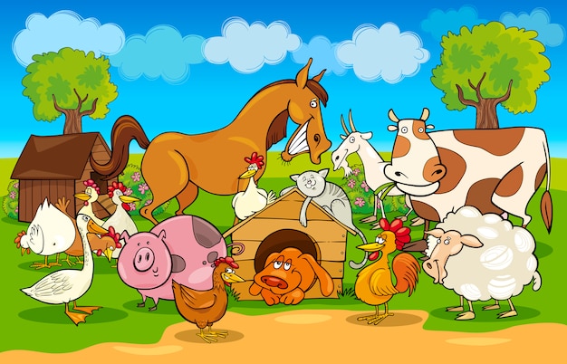Vecteur scène rurale de dessin animé avec des animaux de la ferme