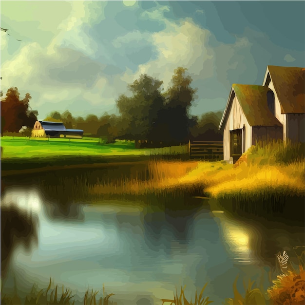 Scène rurale d'été avec ferme de champs agricoles verts et illustration de dessin animé vectoriel de lac de