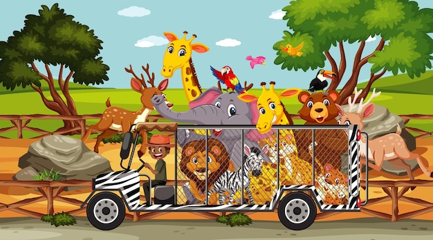 Scène De Safari Avec Des Animaux Sauvages Dans Une Voiture-cage