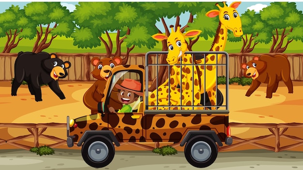 Scène De Safari Avec De Nombreux Ours Et Girafes Dans La Voiture-cage
