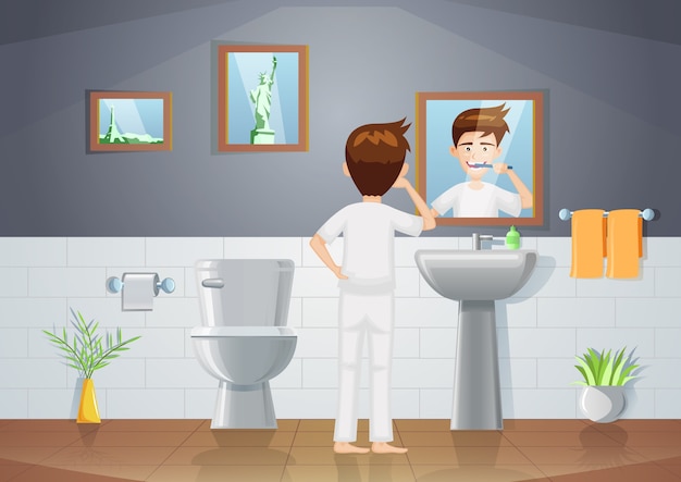 Vecteur scène de salle de bain avec homme se brosser les dents