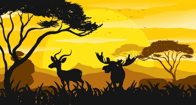 Vecteur scène de silhouette avec gazelle et orignal au coucher du soleil