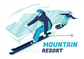 Scène de skieur et snowboarder skiant sur des pentes ou des pentes de montagne enneigées