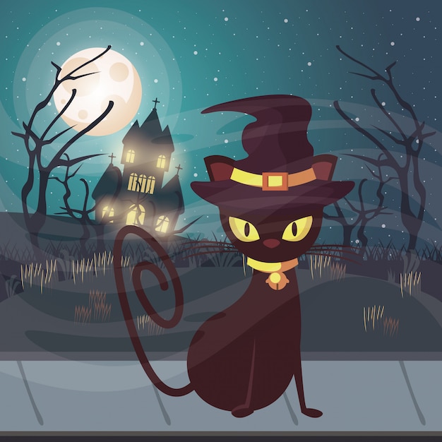 Scène Sombre Halloween Avec Chat Noir