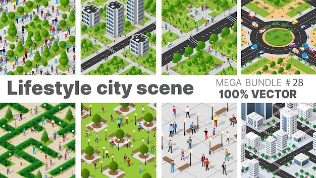 La Scène De Style De Vie De La Ville A Défini Des Illustrations Sur Des Thèmes Urbains Avec Des Maisons, Des Voitures, Des Arbres Et Des Parcs Concept Vecteur 3d Isométrique Pour Le Web De Jeux De Conception