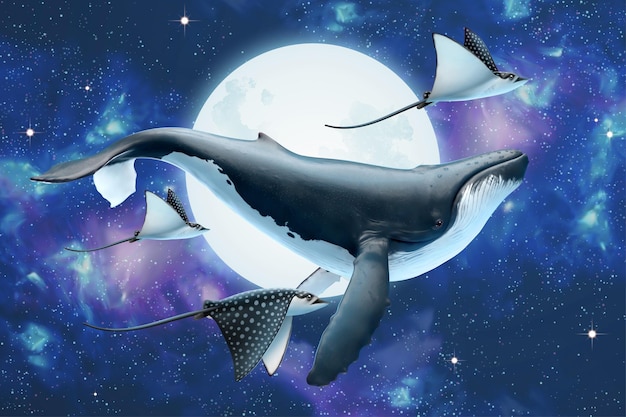 Scène surréaliste de baleine à bosse avec des raies volant à travers la lune d'argent dans un magnifique cosmos