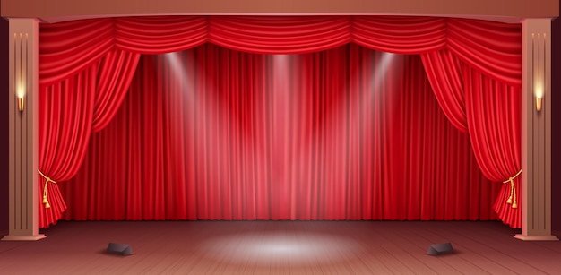 Scène de théâtre classique avec un rideau de velours rouge et un éclairage doux