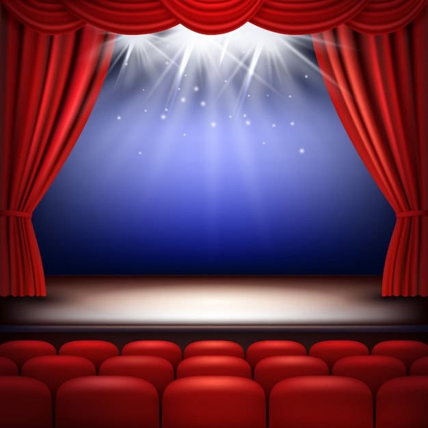 Vecteur scène de théâtre. lumière de l'opéra de film d'audience d'arrière-plan festif avec des rideaux de soie rouges et des sièges d'auditorium réalistes