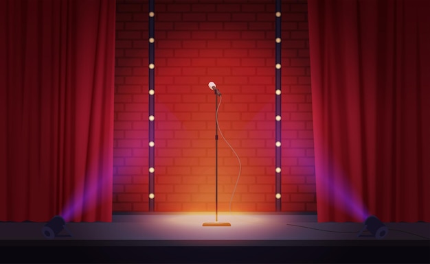 Une scène de théâtre avec des rideaux rouges ouverts et des projecteurs de microphone pour un spectacle de stand-up comique