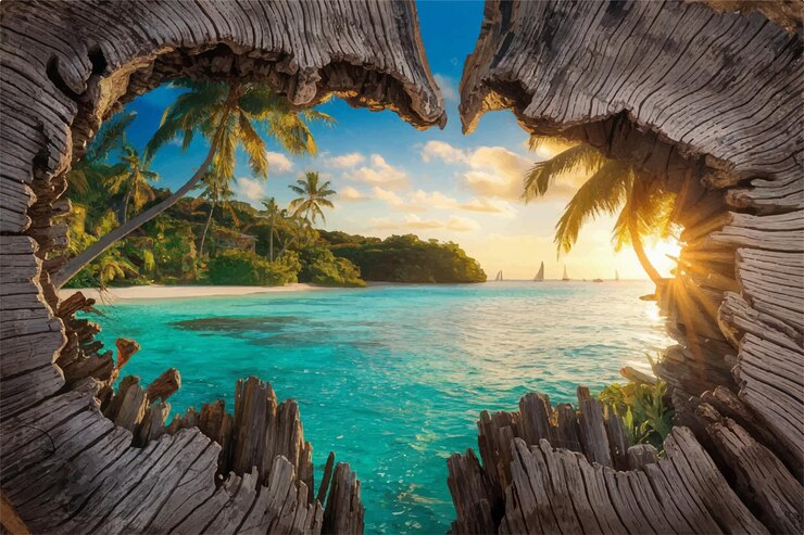 Vecteur une scène tropicale avec un palmier et l'océan en arrière-plan