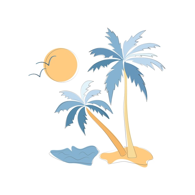 Vecteur scène de vacances à la plage summertime affiche du logo des palmiers oiseaux et soleil sur la vue sur l'océan