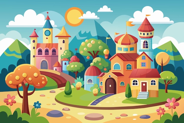Scène de village de dessins animés avec des maisons et des arbres