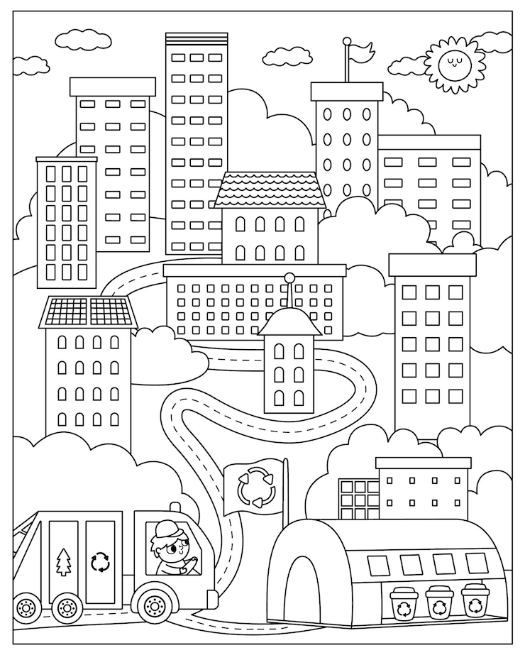 Vecteur scène de ville éco noir et blanc de vecteur paysage de ville écologique avec concept zéro déchet