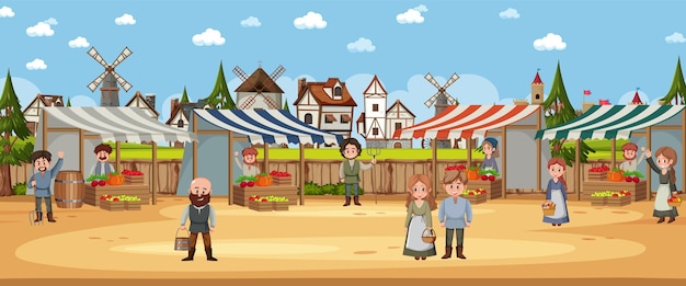 Vecteur scène de ville médiévale avec des villageois au marché