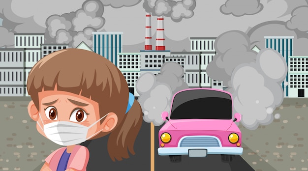Vecteur scène avec des voitures et des bâtiments d'usine faisant de la fumée sale dans la ville