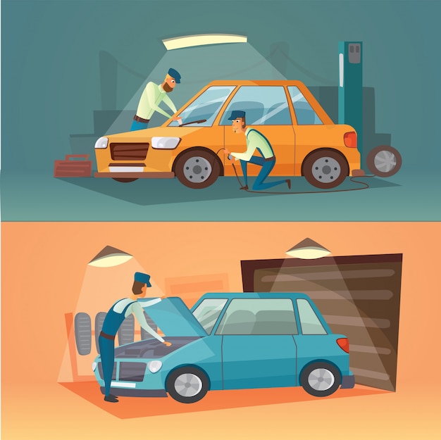 Scènes d'illustration vectorielle de réparation de voiture. Garage de dessin animé.