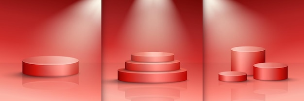 Vecteur scènes rouges vectorielles avec des éclairs brillants podiums ronds réalistes modèle de studio de produit