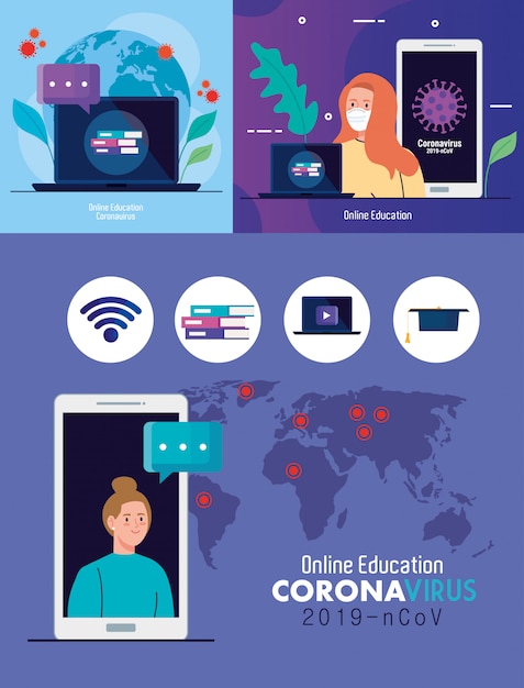 Scénographie, éducation En Ligne Pour Arrêter La Propagation Du Coronavirus Covid-19, Apprentissage De La Conception En Ligne Concept Illustration Vectorielle