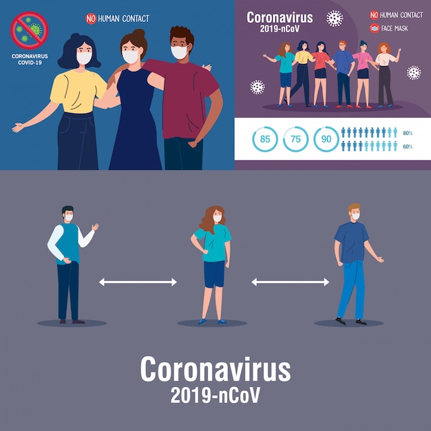 Vecteur scénographie, personnes utilisant un masque facial et prévention des campagnes coronavirus covid-19 vector illustration design