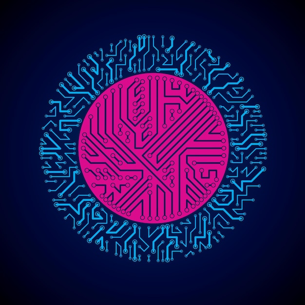 Schéma cybernétique futuriste, illustration bleue vectorielle de la carte mère avec néons. Élément de lueur circulaire avec texture de circuit imprimé.