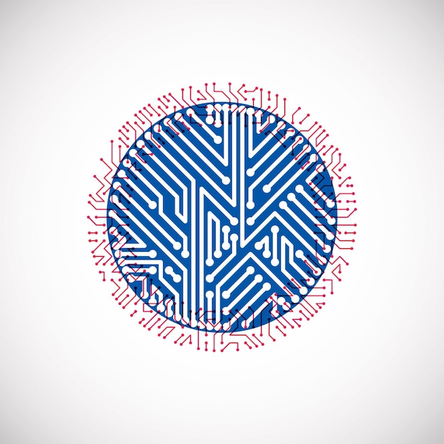 Schéma cybernétique futuriste, illustration vectorielle bleue et rouge de la carte mère. Élément circulaire avec texture de circuit imprimé.