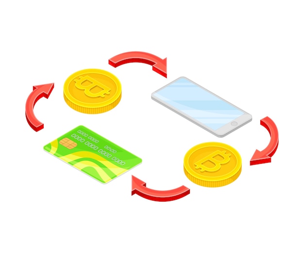 Schéma d'échange de pièces d'or Bitcoin et de cartes de crédit Illustration isométrique vectorielle