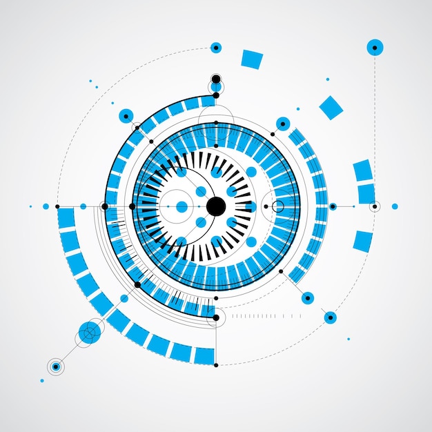 Schéma mécanique, dessin d'ingénierie vectoriel bleu avec cercles et parties géométriques du mécanisme. Le plan technique peut être utilisé dans la conception Web et comme fond d'écran.