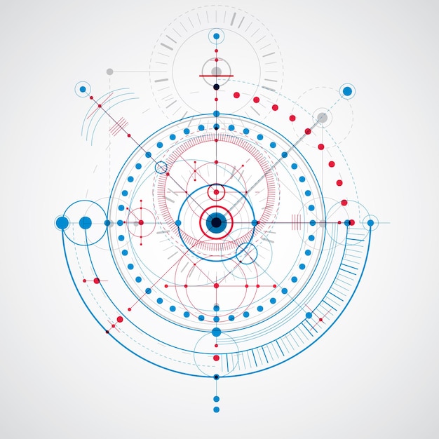 Schéma mécanique, dessin d'ingénierie vectoriel bleu avec cercles et parties géométriques du mécanisme. Le plan technique peut être utilisé dans la conception Web et comme fond d'écran.