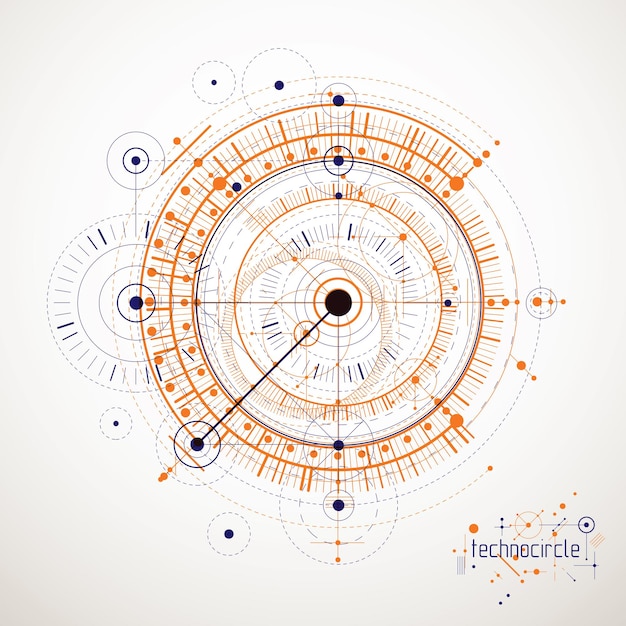 Schéma mécanique, dessin d'ingénierie vectoriel avec cercles et parties géométriques du mécanisme. Le plan technique peut être utilisé dans la conception Web et comme fond d'écran ou arrière-plan.