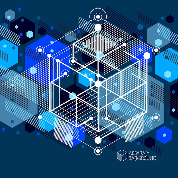 Schéma mécanique, dessin technique vectoriel bleu foncé avec cubes 3D et éléments géométriques. Papier peint technologique d'ingénierie fait avec des nids d'abeilles.