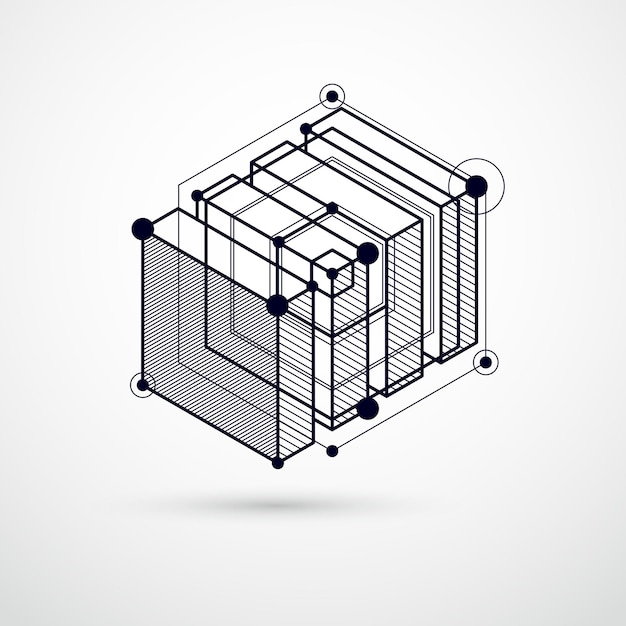 Schéma mécanique, dessin technique vectoriel noir et blanc avec cubes 3D et éléments géométriques. Papier peint technologique d'ingénierie fait avec des nids d'abeilles.