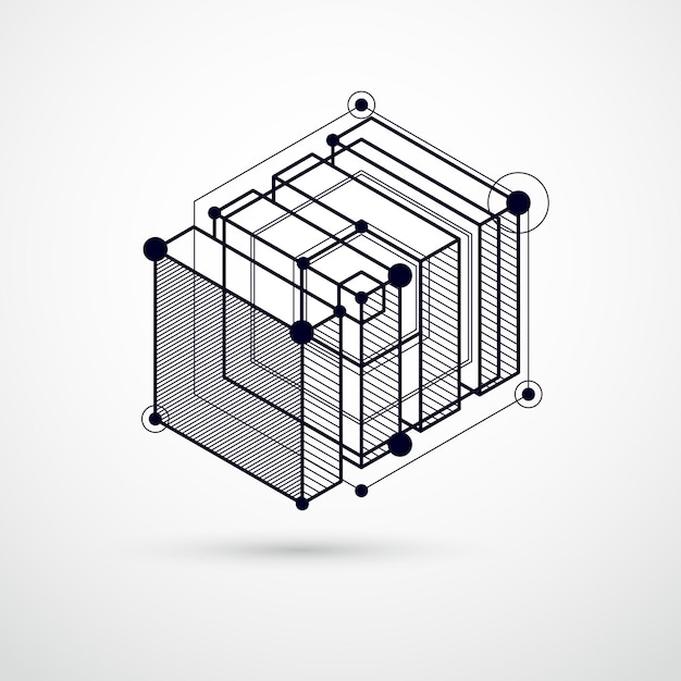 Schéma Mécanique, Dessin Technique Vectoriel Noir Et Blanc Avec Cubes 3d Et éléments Géométriques. Papier Peint Technologique D'ingénierie Fait Avec Des Nids D'abeilles.