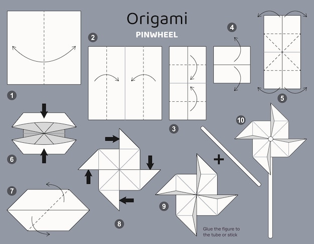 Schéma D'origami Tutoriel Avec Moulinet. éléments D'origami Isolés Sur Fond Gris. Origami Pour Les Enfants.