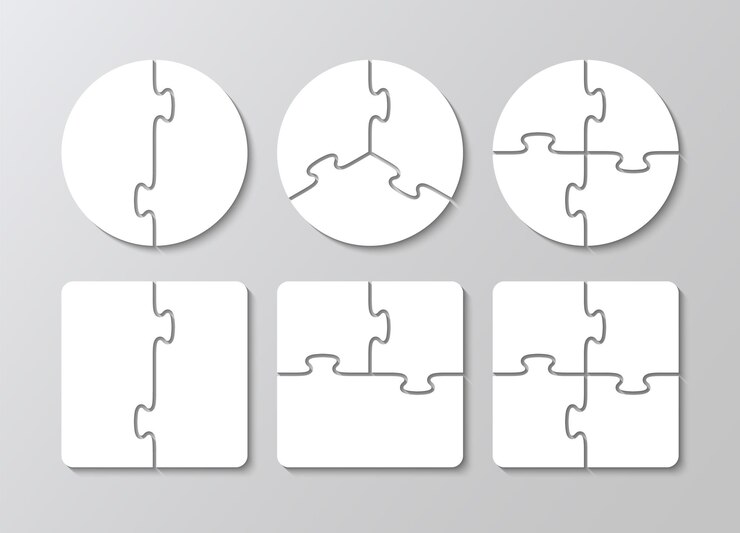 Vecteur schéma pour le jeu de réflexion grille de puzzle avec des détails séparés 2 3 4 5 pièces modèles carrés ronds