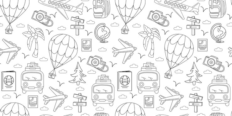 Vecteur schéma de voyage doodle vacances en mer d'été icones de papier peint dessin de mer dessiné à la main symboles à crayon drôles voyage en avion et en fourgon photo et palme vector texture récente sans couture