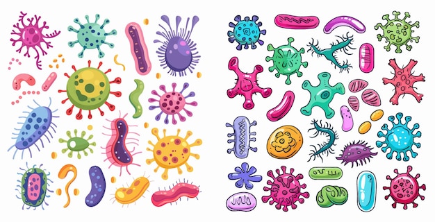 Vecteur science de la santé humaine épidémie de micro-organismes probiotiques colorés maladies germinales et virus icônes plates de vecteurs de dessins animés