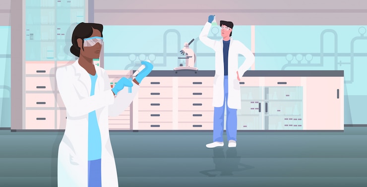 Vecteur scientifique, couple, tenue, essai, tubes, fonctionnement, médical, laboratoire