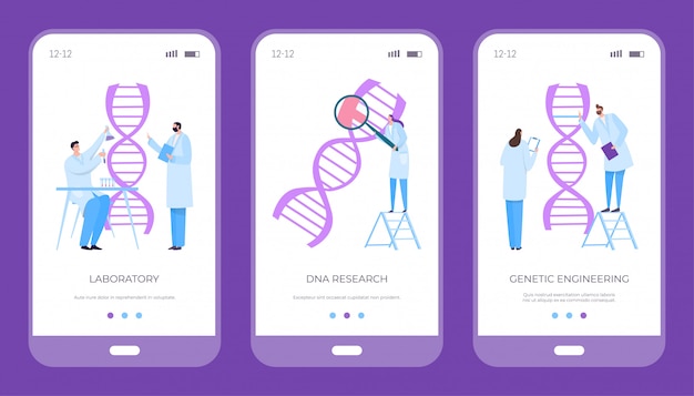 Scientifique explorant le génome de l'adn humain, illustration. Les gens mènent des recherches médicales au laboratoire de dessin animé.
